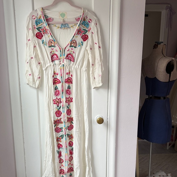 White Maxi Dress with Colorful Embroidery - Picture 2 of 9